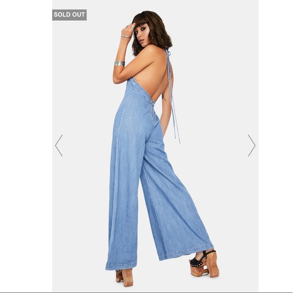 Free People Retro Wide Leg Denim Halter Jumpsuit - Picture 11 of 12